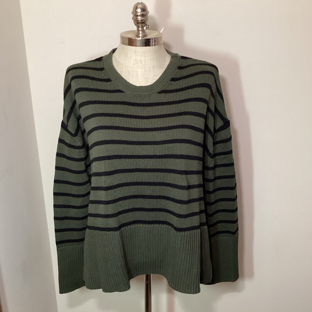 GAP Split Hem Crew Sweater L Cotton Green Black Striped NEW NWOT wide cuffs